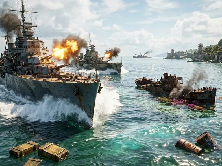 Two Second World War-era cruisers firing across a sunlit tropical channel beside a coral-grown ship wreck surrounded by floating salvage crates, with a fortified port on the horizon.