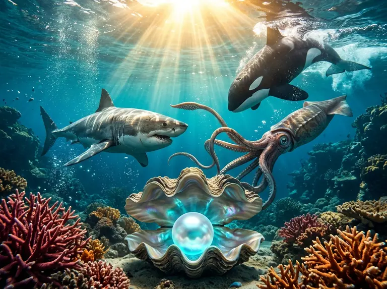 Underwater view of a shark, giant squid, and orca converging on a glowing pearl inside a giant clam shell surrounded by crimson staghorn coral and sunlit turquoise water.