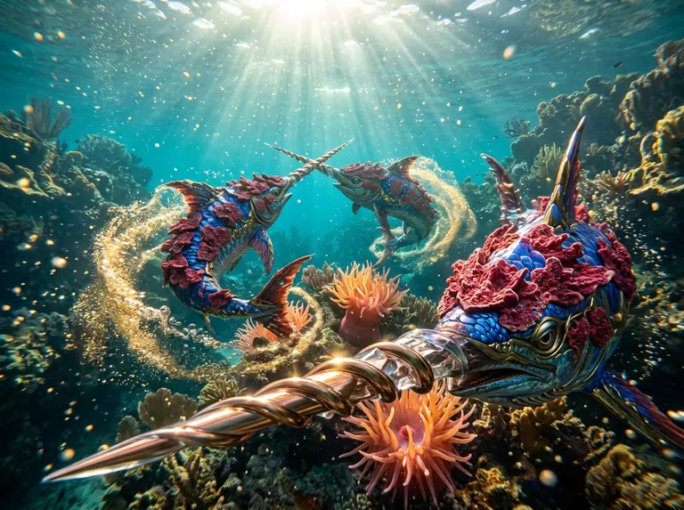 Three armoured sword-nosed sea creatures with spiralling bronze and crystal tusks jousting at high speed through a sunlit turquoise coral trench.
