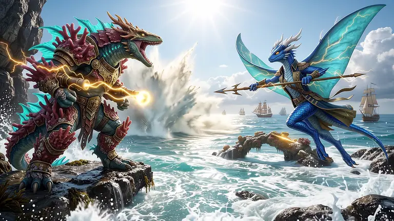Corathun the crimson coral leviathan firing golden shoulder-cannon lightning beside Thundara Vex leaping with turquoise manta-ray wings above a sunlit turquoise channel as warships approach through giant coral arches.