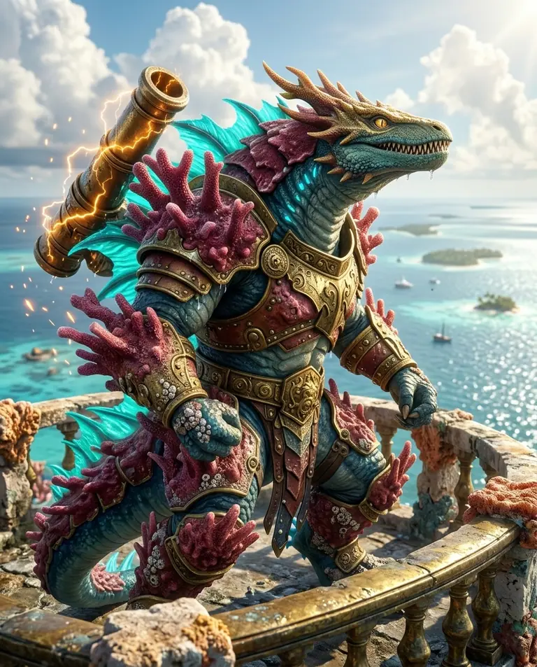 Close low-angle portrait of Corathun on a sunlit watchtower, showing his crimson staghorn coral armour, golden eyes, and bronze shoulder cannon-siphons.