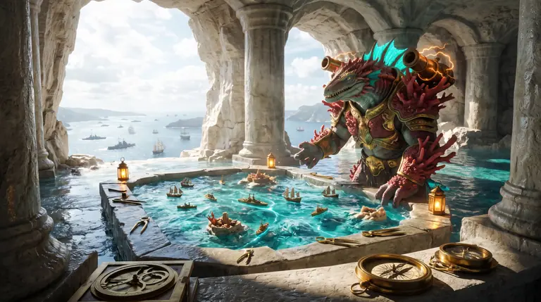 Corathun standing beside a sunlit tidal pool map-table filled with miniature brass warships and coral islands inside an open cliffside citadel overlooking the sea.