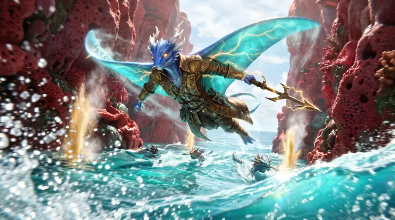Thundara Vex banking on translucent turquoise manta-ray wings above a breaking wave in a crimson coral canyon while skiffs and sea predators race below.